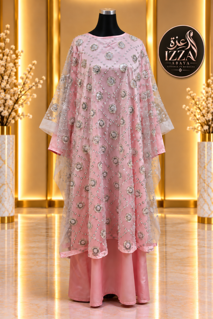 Izza Signature Blush & Silver Pearl-Embellished Abaya